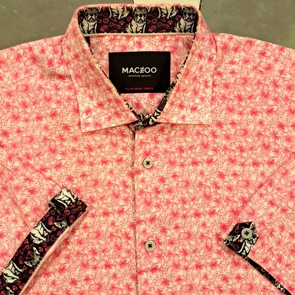 Maceoo, puppy dog Size Large, Pink Print, Short Sleeve Casual Shirt - Picture 2 of 5